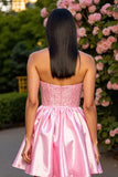 Roze Strapless Satijnen A-lijn Korte Homecoming Jurk