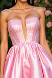 Roze Strapless Satijnen A-lijn Korte Homecoming Jurk