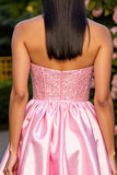 Roze Strapless Satijnen A-lijn Korte Homecoming Jurk