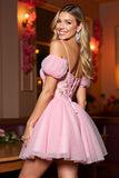 Roze Tule A Line Korset Cold Shoulder Korte Homecoming Jurk