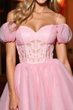 Roze Tule A Line Korset Cold Shoulder Korte Homecoming Jurk