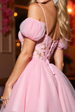 Roze Tule A Line Korset Cold Shoulder Korte Homecoming Jurk