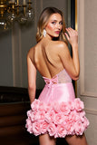 Sprankelende roze satijnen bodycon kralen korte Homecming jurk met 3D bloemen