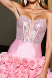Sprankelende roze satijnen bodycon kralen korte Homecming jurk met 3D bloemen