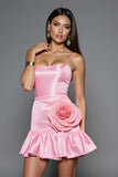 Roze satijnen Bodycon Spaghetti bandjes korte homecoming jurk met 3D bloemen