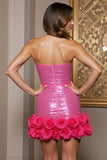 Sparkly Fuchsia Pailletten Sweetheart Bodycon Korte Homecoming Jurk met 3D Bloemen