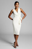 Witte midi bodycon werkjurk met ruches