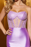 Lila Sparkly Korset Bodycon Strapless Satijnen Homecoming Jurk