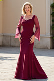 Bourgondische zeemeermin chiffon moeder van de bruid jurk met lange mouwen