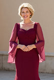 Bourgondische zeemeermin chiffon moeder van de bruid jurk met lange mouwen