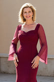 Bourgondische zeemeermin chiffon moeder van de bruid jurk met lange mouwen