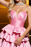 Candy Pink Metallic Satijnen A-lijn Homecoming Jurk met Ruches