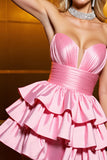 Candy Pink Metallic Satijnen A-lijn Homecoming Jurk met Ruches