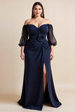Off The Shoulder Marine Gerimpeld Plus Size Moeder Van De Bruid Jurk Met Split
