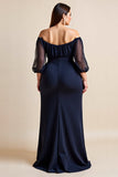 Off The Shoulder Marine Gerimpeld Plus Size Moeder Van De Bruid Jurk Met Split