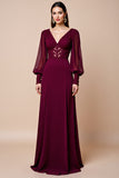 Lange Mouw Bordeaux V-hals Moeder Van De Bruid Jurk Met Appliques