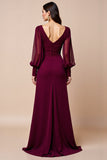 Lange Mouw Bordeaux V-hals Moeder Van De Bruid Jurk Met Appliques