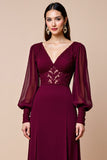Lange Mouw Bordeaux V-hals Moeder Van De Bruid Jurk Met Appliques