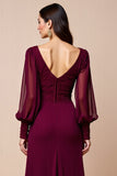 Lange Mouw Bordeaux V-hals Moeder Van De Bruid Jurk Met Appliques
