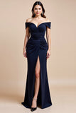 Off The Shoulder Marine Schede Moeder Van De Bruid Jurk Met Split