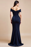 Off The Shoulder Marine Schede Moeder Van De Bruid Jurk Met Split