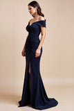 Off The Shoulder Marine Schede Moeder Van De Bruid Jurk Met Split