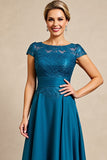 Peacock Blauw A Line Lange Moeder van de Bruid Jurk met Kant