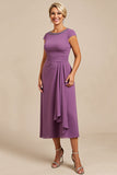 Paarse A Line Beaded Chiffon Thee Lengte Moeder van de Bruid Jurk met Ruches