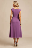 Paarse A Line Beaded Chiffon Thee Lengte Moeder van de Bruid Jurk met Ruches