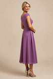 Paarse A Line Beaded Chiffon Thee Lengte Moeder van de Bruid Jurk met Ruches