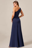 Marine A Line One Shoulder Lange Moeder van de Bruid Jurk met Kant