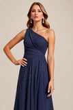Marine A Line One Shoulder Lange Moeder van de Bruid Jurk met Kant