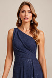 Marine A Line One Shoulder Lange Moeder van de Bruid Jurk met Kant