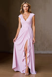 Candy Pink A Line Gegolfde Lange Moeder van de Bruid Jurk met Split