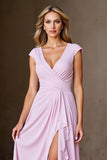 Candy Pink A Line Gegolfde Lange Moeder van de Bruid Jurk met Split
