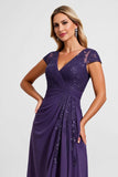 Sprankelende paarse chiffon lange moeder van de bruid jurk met kant