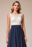 Chiffon High-Low A Line Lace Navy Bruiloft Gast Jurk