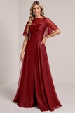 Glitter Bordeaux A Line bruidsmeisjesjurk met korte mouwen