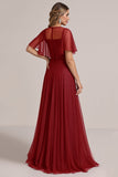 Glitter Bordeaux A Line bruidsmeisjesjurk met korte mouwen