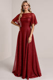 Glitter Bordeaux A Line bruidsmeisjesjurk met korte mouwen