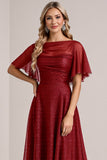 Glitter Bordeaux A Line bruidsmeisjesjurk met korte mouwen