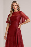 Glitter Bordeaux A Line bruidsmeisjesjurk met korte mouwen