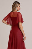 Glitter Bordeaux A Line bruidsmeisjesjurk met korte mouwen