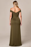 Off The Shoulder Olijf Lange Plus Size Moeder Van De Bruid Jurk Met Split