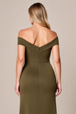 Off The Shoulder Olijf Lange Plus Size Moeder Van De Bruid Jurk Met Split