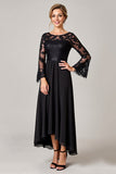 Zwarte High Low Lace Applique Moeder van de Bruid Jurk met Lange Mouwen