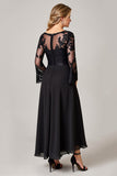 Zwarte High Low Lace Applique Moeder van de Bruid Jurk met Lange Mouwen
