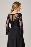 Zwarte High Low Lace Applique Moeder van de Bruid Jurk met Lange Mouwen