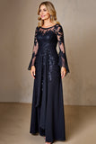 Chiffon A Line Lange Mouw Marine Moeder van de Bruid Jurk met Kant Appliques