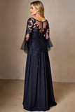 Chiffon A Line Lange Mouw Marine Moeder van de Bruid Jurk met Kant Appliques